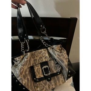 Y2K Kathy Van Zeeland Shoulder Bag Medium Snakeskin Print Studded Chain Strap